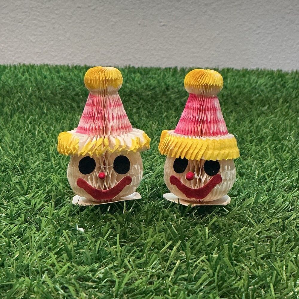 Vintage Honeycomb Paper Clown Decorations Pair Mid Century Party Carnival 3”